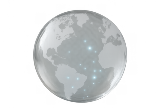 Globe with glowing blue connections showing global communication and transparent glass earth network technology