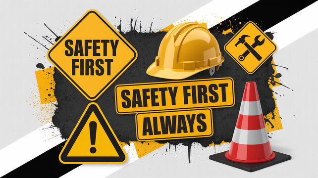 A safety themed graphic with signs, a hard hat, and a traffic cone on a white background