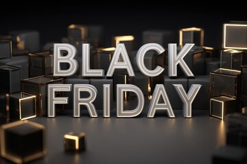 Black Friday text on dark backdrop, surrounded by dynamic cubes in black and gold, futuristic style