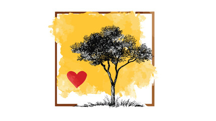 Vibrant Yellow Square with Red Heart and Tree Illustration