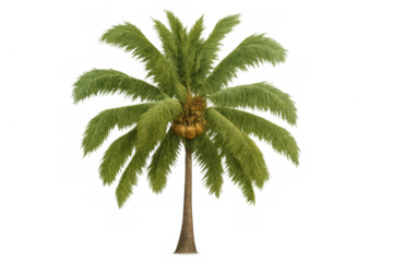 Coconut palm tree presenting ripening fruit and lush green foliage, cut out with transparent background