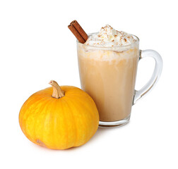 Tasty pumpkin latte with whipped cream in glass cup and cinnamon isolated on white