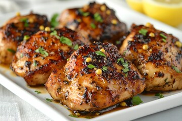 Delicious grilled chicken thighs garnished with herbs served on a white plate with slices of lemon in the background during an outdoor meal