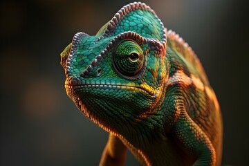 Professional Studio Portrait: Chameleon Half-Body with Dramatic Spotlight and Contrasting Deep Green and Orange Tones