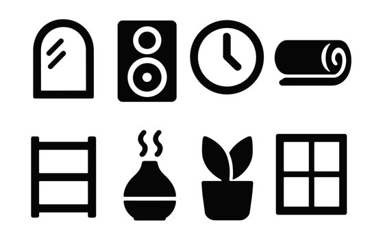 Brutalist Yoga Icons. Yoga Studio silhouette icon set: mirror, speaker, clock, yoga mat roll, shelf, diffuser, plant, window.