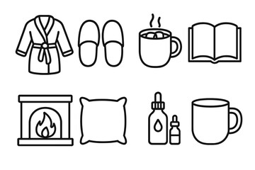 Self-Care Icons Collection. Cozy Self-Care linear icon set: bathrobe, slippers, hot cocoa, book, fireplace, pillow, essential oils, mug.