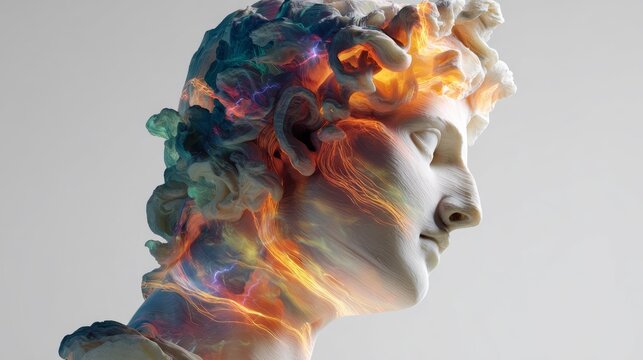 A classical marble bust of a young male figure with flowing hair, enhanced with vibrant colors and swirling patterns, symbolizing creativity and inspiration.