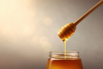 Drizzling honey from a wooden dipper kitchen table food photography warm lighting close-up sweetness concept