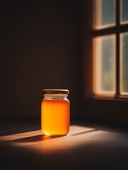 Captivating jar of honey sunlit room still life photography cozy atmosphere close-up natural sweetness