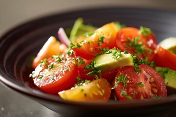 Fresh tomato salad preparation kitchen food photography indoor close-up healthy eating concept