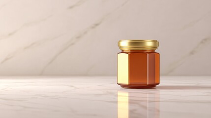 Showcasing a honey jar on a marble surface product photography elegant environment close-up viewpoint
