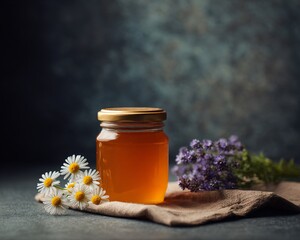 Captivating honey jar with wildflowers kitchen table food photography cozy setting close-up natural sweetness