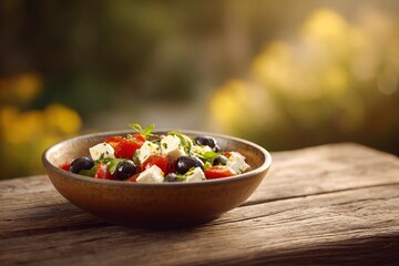 Fresh mediterranean salad outdoor dining food photography sunny garden close-up view healthy eating