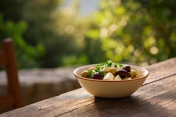 Fresh mediterranean salad preparation outdoor dining area food photography natural light close-up healthy eating