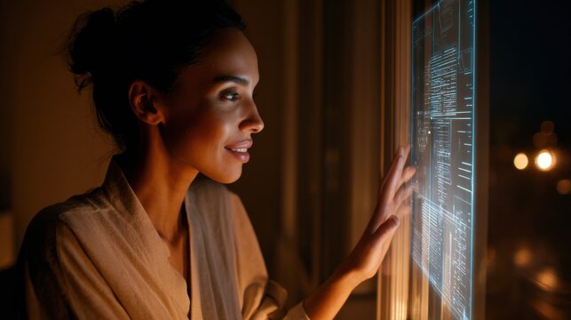 Woman Interacting With AI Assistant on Holographic Display in a Cozy Home Setting During an Evening