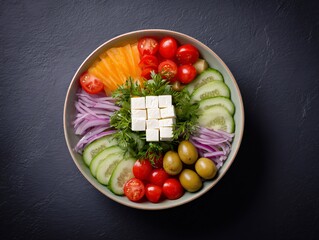 Fresh vegetable platter kitchen food photography bright colors top view healthy eating concept