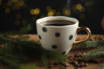 Aromatic coffee in cup, beans and fir tree branches on wooden table against black background with blurred lights, closeup. Bokeh effect