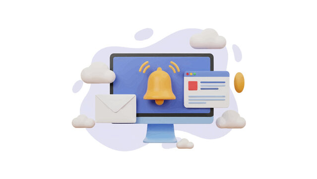 Vector illustration of computer screen displaying a notification bell, email, and message window