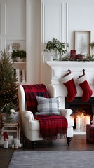Naklejka premium Cozy Holiday Living Room With Festive Decor and Winter Atmosphere