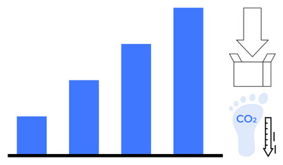 Vertical blue bar graph with decreasing metrics, CO2 footprint icon, downward arrow, and thermometer. Ideal for sustainability, emissions, climate action, carbon reduction, efficiency environmental