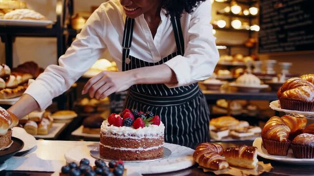 Baker arranging berry cake on counter with pastries, croissants, cupcakes, and desserts in cozy bakery shop with warm inviting atmosphere
