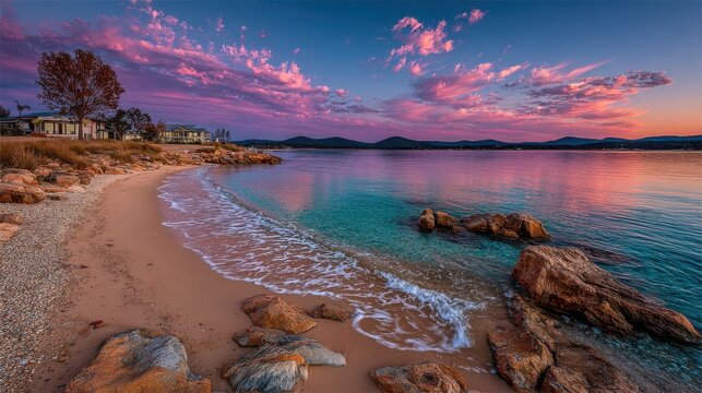 Gentle motion of rippling bay water under pastel pink sky, golden evening glow spreading warmth and serenity across the scene