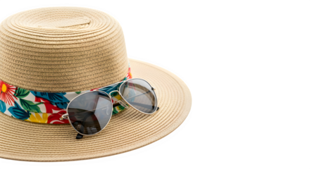 Stylish sun hat and sunglasses, , evoke a sense of summer chic the straw hat, adorned with a vibrant floral band, adds a touch of elegance, while the sunglasses offer protection from the suns rays a p