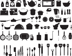 Collection of kitchen utensils and appliances in silhouette
