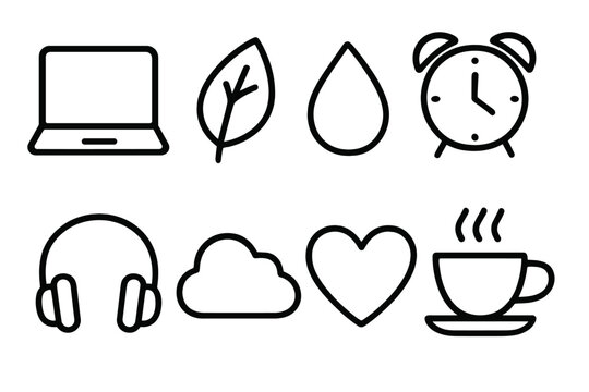 Mindful Tech Icons. Mindful Tech Use linear icon set: laptop, leaf, water drop, alarm clock, headphones, cloud icon, heart, tea cup.