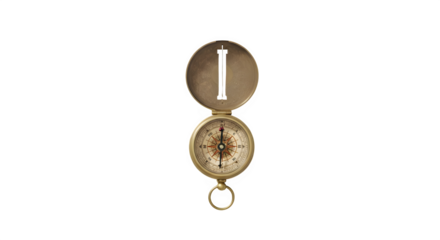 Antique brass compass with a white face, the compass is open, revealing the needle and dial the compass is a vintage style, with a weathered look