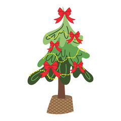 Christmas tree decorated with red bows and yellow garland, standing in a brown basket. Festive vector for holiday invitations, cards, posters, party decor, and seasonal designs.