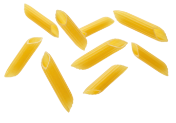 Uncooked golden ridged penne pasta pieces, elegantly scattered and floating against a transparent studio background, high-key lighting, copy space, concept of italian food.