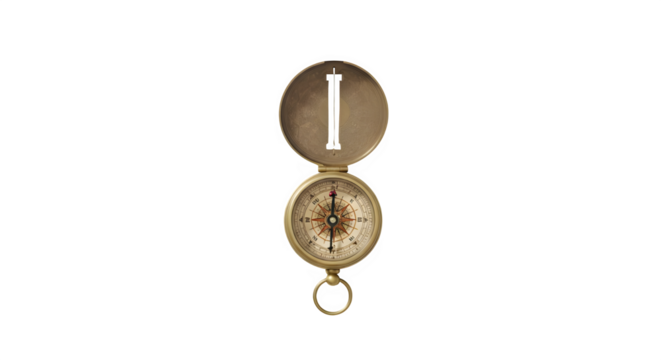 Antique brass compass with a white face, the compass is open, revealing the needle and dial the compass is a vintage style, with a weathered look