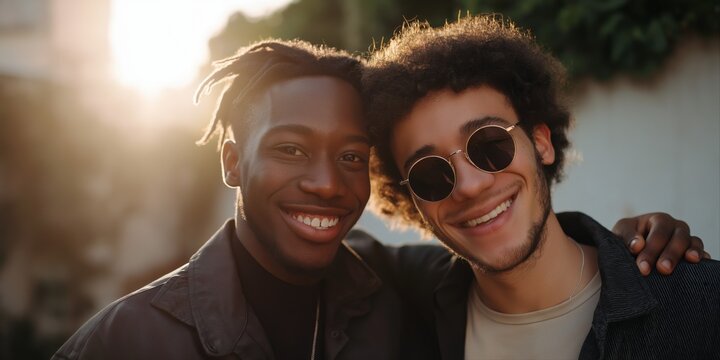 Young african male and caucasian male friends smiling in sunlight