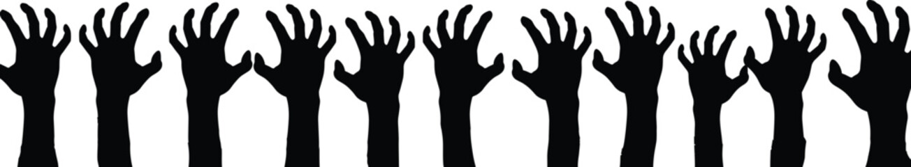 Raised Hands Silhouette Vector Set – Twelve Black Cartoon Hands with Spread Fingers for Unity, Support, Protest, and Participation Themes