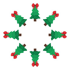 Circular arrangement of Christmas trees with red bows, creating a festive wreath or frame. Decorative vector for holiday cards, invitations, party décor, New Year, and seasonal design.