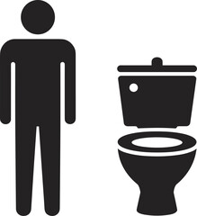 Silhouette icon of person standing beside toilet, black vector illustration for restroom signage, bathroom facilities, hygiene, and public space.