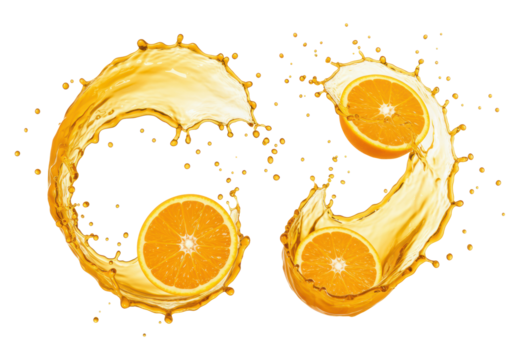 Vibrant orange juice splashes, frozen with patterns and fresh orange slices, transparent background, copy space, concept for beverage advertising