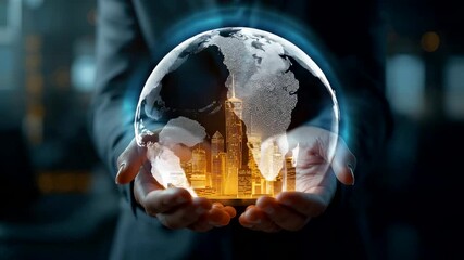 Business professional holding a glowing transparent globe with illuminated city skyline inside, showcasing global growth and modern urban development