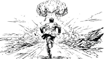 Fearful Man Running Away from Nuclear Explosion Concept