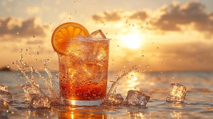 Refreshing sunset cocktail splashing in the ocean