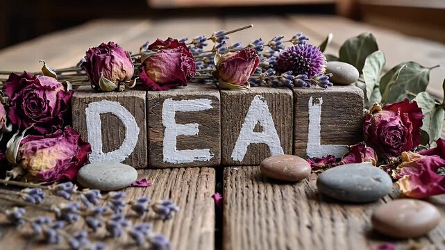 Wooden Cubes Spell Deal Decorated With Dried Flowers and Stones on Rustic Wooden Surface