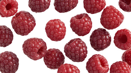Fresh ripe raspberries scattered isolated on transparent background