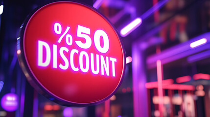 Eye-catching 50 percent discount sign glows with vibrant neon lights, driving sales