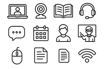 Online Learning Icons. Online Learning linear icon set: laptop, webcam, book, headset, chat bubble, calendar, student, teacher, whiteboard, mouse, document, wifi symbol.