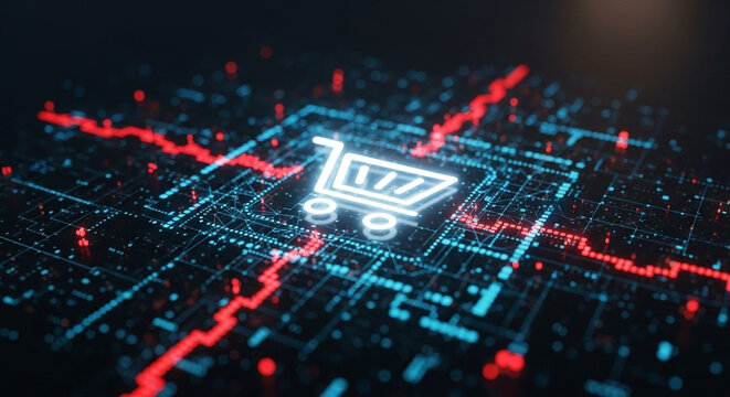 A glowing shopping cart icon on a digital circuit board with red and blue lines connecting nodes