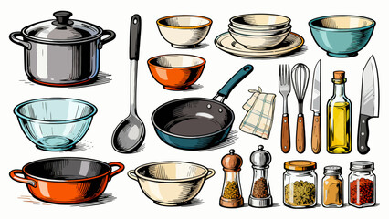 Kitchenware collection, cartoon hand-drawn vector illustrations, forks, spoons, bowls, chopsticks, POTS, basins, seasonings, microwave ovens, knives, stoves, ovens, aprons, gloves