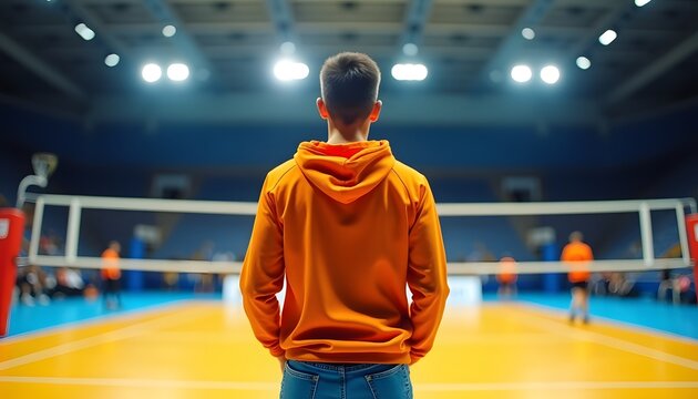 A young man in an orange hoodie stands in a volleyball court, looking at the net with bright lights illuminating the indoor stadium - Powered by Adobe