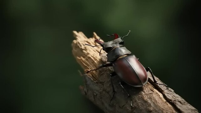 Close-up views of a Stag beetle climbing on a branch in its natural habitat