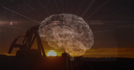 Obraz premium Glowing wireframe brain hologram hovering over plains near horizon aligned with sunset and pumpjack